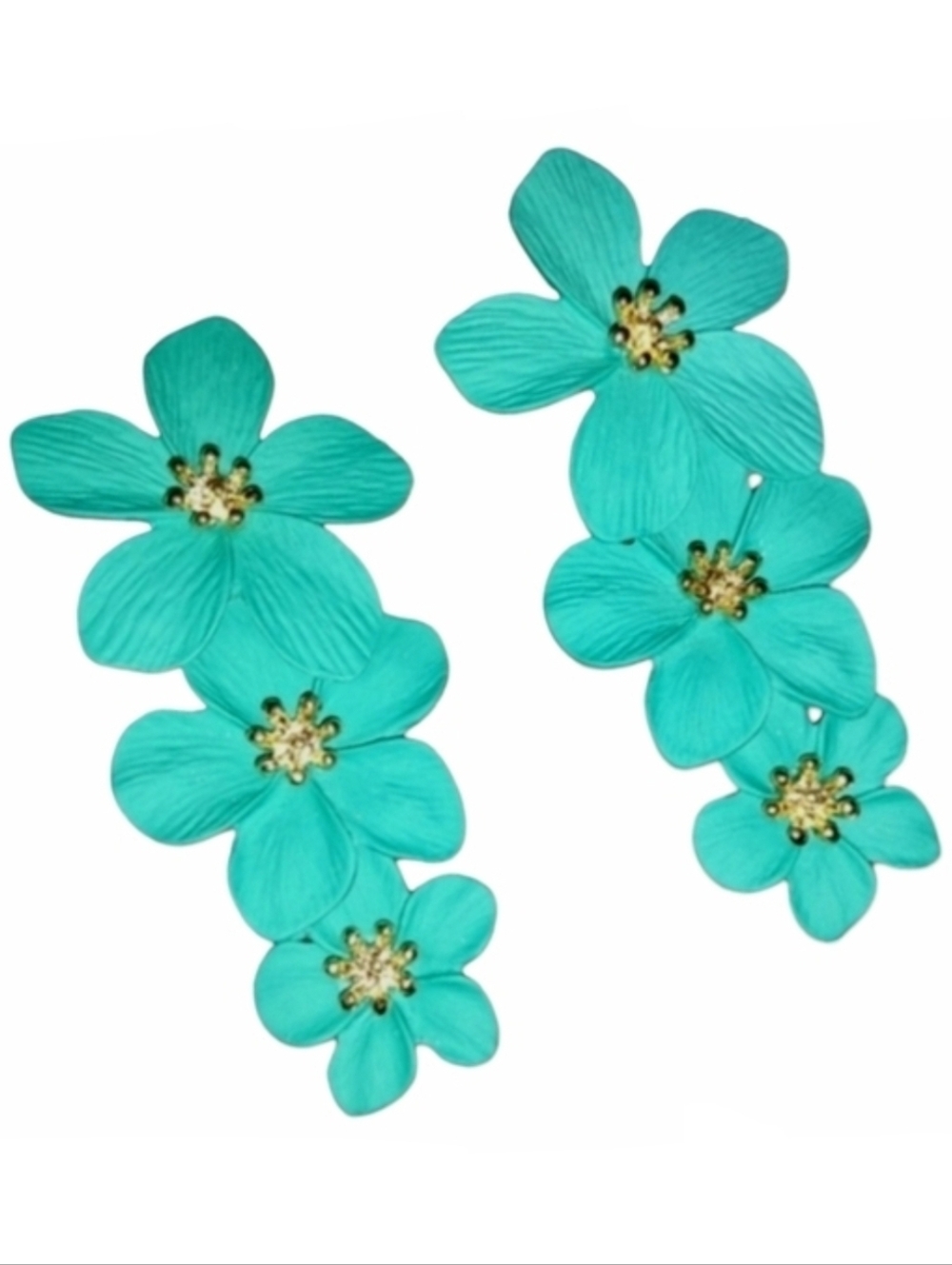Big Aqua Blue Turquoise Triple Flower Blossom Earrings 3D Large Floral 3 Flowers - Picture 5 of 5